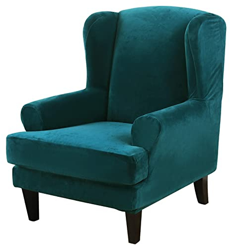 MIFXIN Wingback Chair Slipcover 2-Piece Velvet Stretch Wing Chair Slipcovers with Cushion Cover Removable Washable Armchair Sofa Furniture Protector for Living Room (Teal)