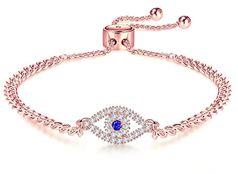 Apsvo Evil Eye Bracelet, Sideway Cross Bracelet, Silver/Gold/Rose Gold Bracelet for Women Adjustable Slide Chain Jewelry, 6 Inch, Brass, Cubic Zirconia