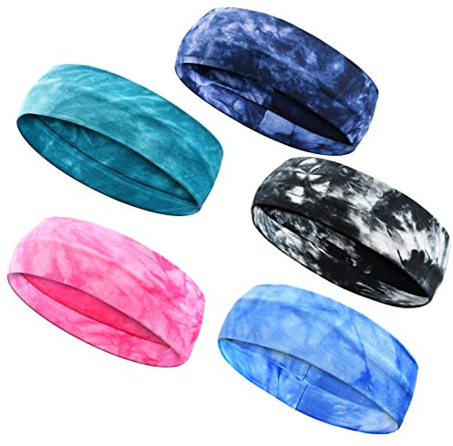 Vesaneae 5 Stück Sport Stirnband Set für Damen Herren, Tie Dye Baumwolle Stretch Kopfband, rutschfeste Leichte Haarband, Feuchtigkeit Wicking Schweißband für Yoga, Jogging, Radfahren, Fitness