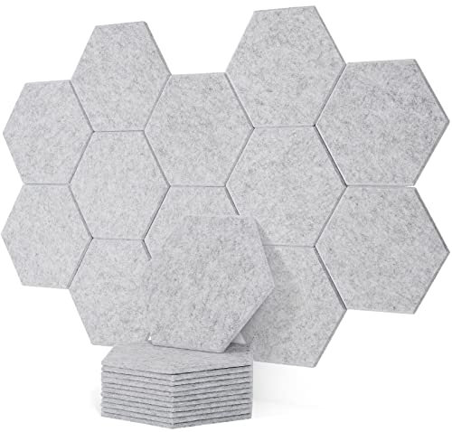 Rdutuok 12 Pack Rdutuok High Density Hexagon Acoustic Panels,Acoustic Foam Panels 30 x 26 x1 cm Beveled Edge Tiles Sound Proof Padding for Recording Room,Offices,Home and Wall Decoration Silver Gray