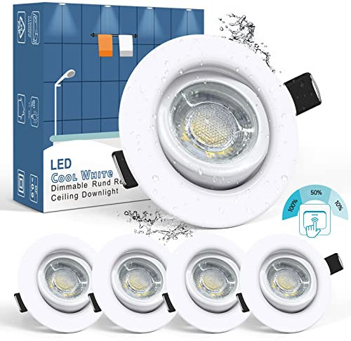 wowatt 5er Einbaustrahler LED 230v Weiß 3 Stufe Dimmbar 7W LED Spots Kaltweiß 6000K Ersetzt 70W Halogen Einbauleuchte Ultra Flach Hell 700lm Badeinbaustrahler IP44 Einbauspot Schwenkbar Rund