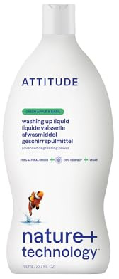 ATTITUDE Washing Up Liquid, Cuts Grease & Removes Food Residue, Gentle on Hands, Plant-Based Cleaning Liquid, Vegan Dish Soap, Green Apple & Basil, 700 mL