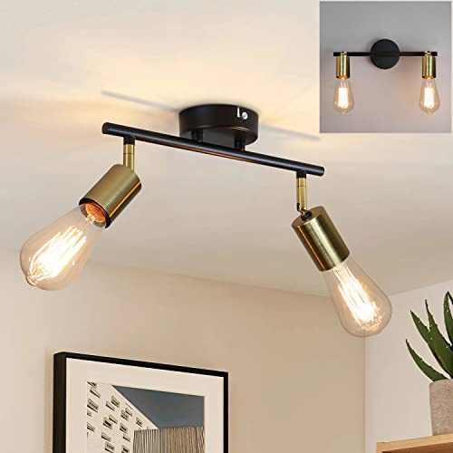CBJKTX Deckenleuchte 2 Flammig Vintage Deckenstrahler - E27 Deckenlampe | Schwarz-Gold Flurlampe Schwenkbar 360° Deckenspots Industrial Modern Spotleuchte Spotbalken für Küche Flur Gänge