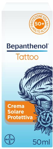 Bepanthenol Tattoo Crema Solare 50, Aftercare per Protezione Solare del Tatuaggio da Raggi UVB e UVA del Sole e Mantenere Vivi i Colori, Formato Viaggio 50 ml