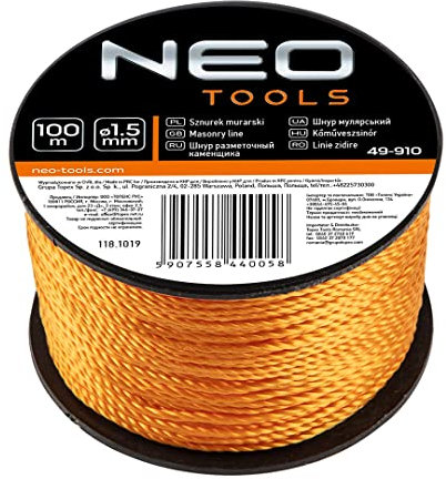 NEO TOOLS Filo da muratore da 1,5 mm, 50 m/100 m su bobina, utilizzato per disegnare linee rette; la bobina è in plastica; corda intrecciata resistente, resistente agli strappi (100 m)