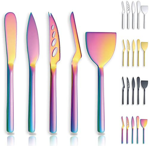 Berglander Käsemesser 5-teiliges Set, geeignet für alle Käsesorten, Edelstahl Käsemesser Schneidemaschine, ergonomisches Design, geeignet zum Greifen und Schneiden, Butterstreuer（Regenbogen）