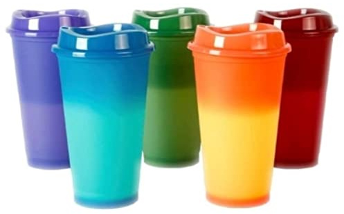 Farbwechsel Becher für Heißgetränke mit Deckel - Kaffeebecher to go - Mehrweg Plastikbecher - Kindertasse BPA Frei - 5er Pack
