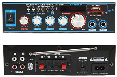 Amplificatore Audio Stereo Bluetooth a 2 Canali, Amplificatore Home Theater HiFi con 2 Microfoni, Telecomando, Plug and Play, per Home Theater, Auto