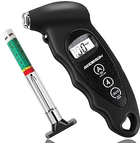 GODESON Digital Tyre Pressure Gauge 150 PSI 10 Bar with 4 Settings and Tyre Tread Depth Gauge UK, Car Accessory with Backlit LCD,Suitable for Cars, Trucks, Bicycles, Motorcycles