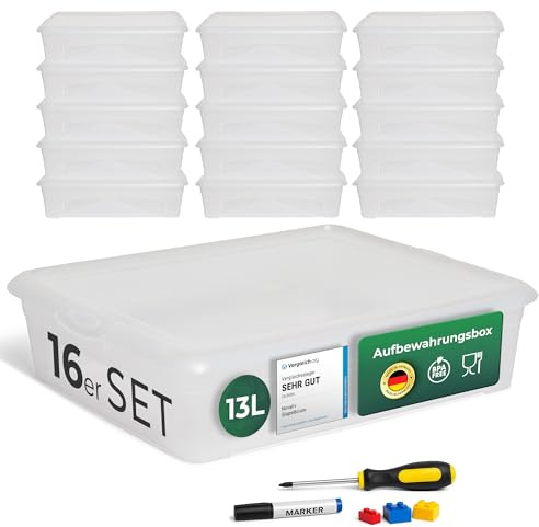 Novaliv 16x Aufbewahrungsboxen mit Deckel 13L transparente Boxen stapelbare Nestbar Storage boxes mit Clipverschluss Kunststoff BPA-frei 41x34x10 cm
