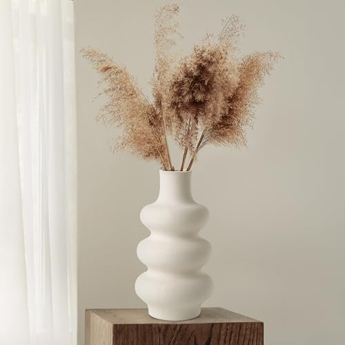 Winter Shore Beige Keramikvas - 25 cm Modern Dekorativ Vas med Rund Munkdesign för Pampasgräs, Torkade Blommor, Färska Buketter - Blomvas För Kontor, Matbord, Bröllopsbordsprydnader