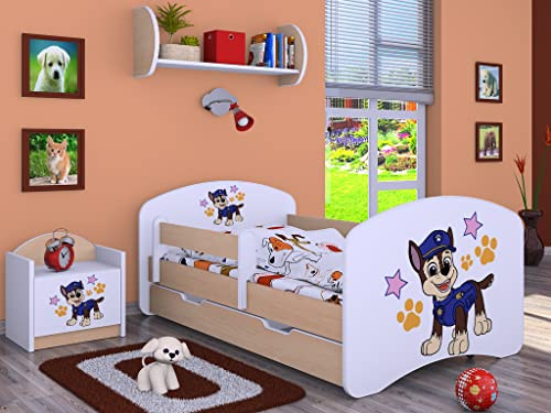 BDW Kinderbett Super Hunde - Babybett mit Matratze und Schublade - Bequem und Langlebig Rausfallschutz Bett - Kinderzimmer - Leichte Birne (Motiv 5) - 160x80