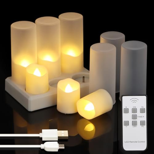 ZIYOUDOLI Juego de velas LED recargables y votivas eléctricas, blanco cálido, regulable, mando a distancia, temporizador y soporte de carga para Halloween, Navidad