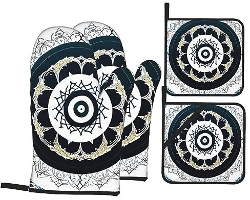 Set di 4 guanti da forno rotondi e presine totem neri e bianchi, resistenti al calore, per cucina, cottura, grigliate, barbecue