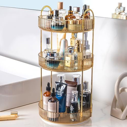 Zufudo Rotating Makeup Organizer Countertop 3 Tier Lazy Susan Trays Clear Skincare Perfume Storage for Bathroom Counter Vanity, Amber Gold