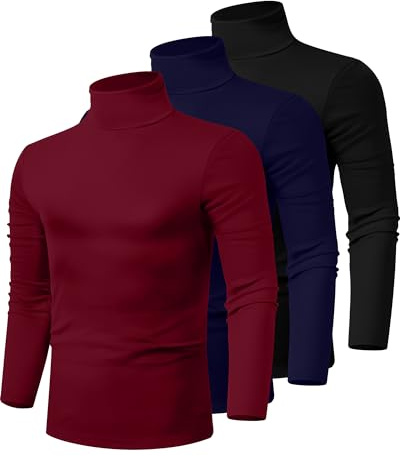 Ficerd 3 Pack Men's Turtleneck Shirts, Long Sleeve Cotton Pullover Sweaters Mock Neck Knitted T Shirt Basic Slim Fit Tee Tops(Black, Navy Blue, Wine Red,Large)