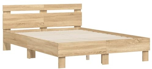 vidaXL Cama con Cabecero, Somier de Listones, Estructura Marco de Cama, Mueble para Dormitorio, Madera de Ingeniería Roble Sonoma 135x190 cm