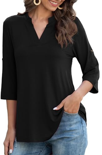 Heersan Tunique Femme Chemisier Coton élégant à Col en V pour Femme Chic Chemisier Ample à Manches Enroulables à 3/4 Manches Longues Hauts de Base T-Shirt Imprimé Floral/Couleur Unie Blouses