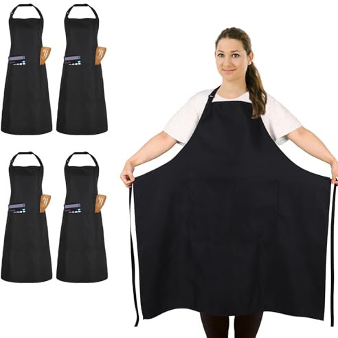 FunChaos 4 Piezas Tamaño grande Delantales, Negro Chef Delantal Impermeable con 2 Bolsillos Ajustable, Delantal de Cocina para Hombres y Mujeres, Cocinar, Restaurante, Café, Hornear