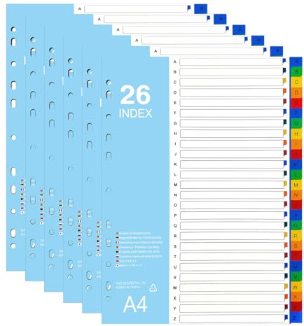 LELADY 26-teiliges Register A4, 6 Stück A-Z Ordner Register A4, Trennblätter aus PP, Mehrfarbig Ordner Trennblätter für Schule, Büro