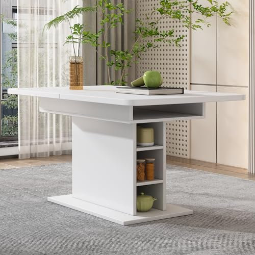 Merax Esstisch Holz, Ausziehbar Esszimmertische mit Stauraum, Rechteckiger Küchentisch für Wohnzimmer und Esszimmer, 110/130L x 70B x 75H cm, Weiß