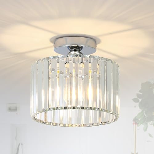 Rayofly Crystal Ceiling Lights Living Room, Modern Crystal Chandeliers Ceiling Light, Chrome Ceiling Light Fitting with Glass Light Shade, Flush Ceiling Lights for Bedroom, Kitchen, Hallway, Bathroom
