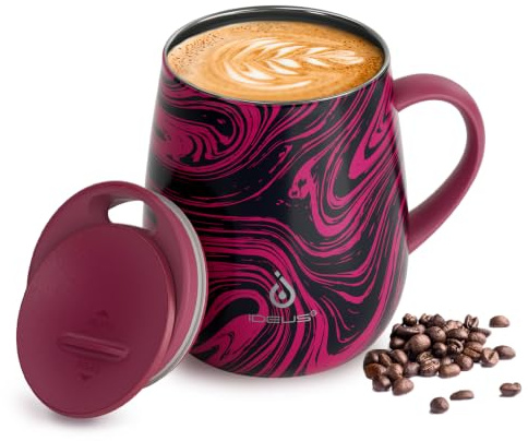 Ideus® Kaffeebecher 470 ml (16 oz), doppelwandige vakuumisolierte Kaffee- und Teetasse aus Edelstahl mit rutschfestem Griff und Schiebemoduldeckel und großem Volumen (Rotes Zebra)