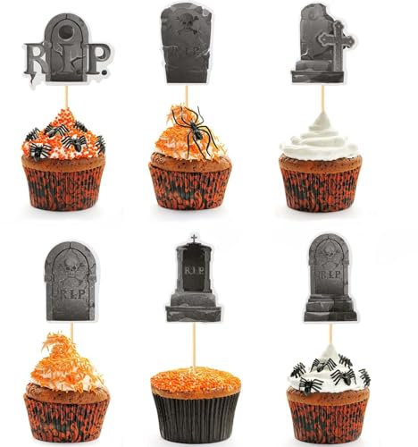 MisFun 36 Piezas De Adornos Para Cupcakes Con Lápidas De Halloween, Decoración Para Cupcakes De Halloween, Toppers De Patrón De Lápida Palillos De Lápida Primeros De La Magdalena De Halloween