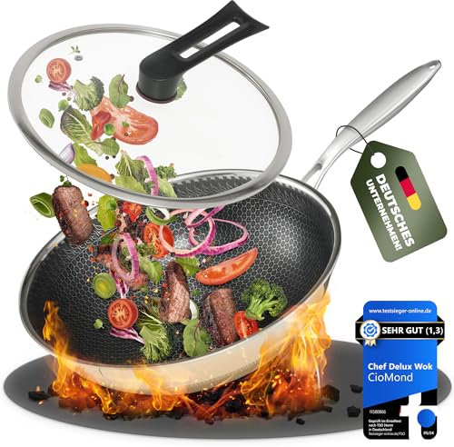 CioMond 's Wok Chef Delux Wok Wok de acero inoxidable, estructura de nido de abeja antiadherente, 28 cm, sin tapa de cristal, inducción, cocina eléctrica, cocina de gas, infrarrojos, apta para