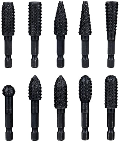 Treki Stubby Lot de 10 râpes à bois avec tige hexagonale de 6,35 mm pour perceuse, râpe profilée pour bois, fraise à bois pour perceuse à sculpter