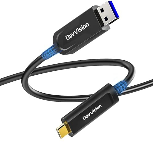 DavVision USB A till USB C fiberoptisk kabel, 10 Gbit/s, USB 3.2 Gen2 förlängningskabel med tyskt silikonLine-chip, ultratunn och långdistanskamera för Logitech 4K, VR/AR-kamera