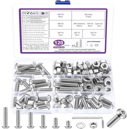 120 Pz Set di Viti M8, Bulloni e Dadi Set, Viti a Testa Cilindrica con Esagono Incassato, Kit di Assortimento di Bulloni a Testa Tonda Esagonale e Dadi e Rondelle (M8)