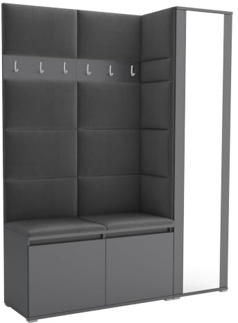 Brent - Garderobenschrank Flur Grau mit sitzbank 145 cm Breit Luton 7 - Multifunktionale Flurgarderobe Set mit Stauraum und Wandpaneel, Garderobe mit Sitzfläche und Kleiderhaken