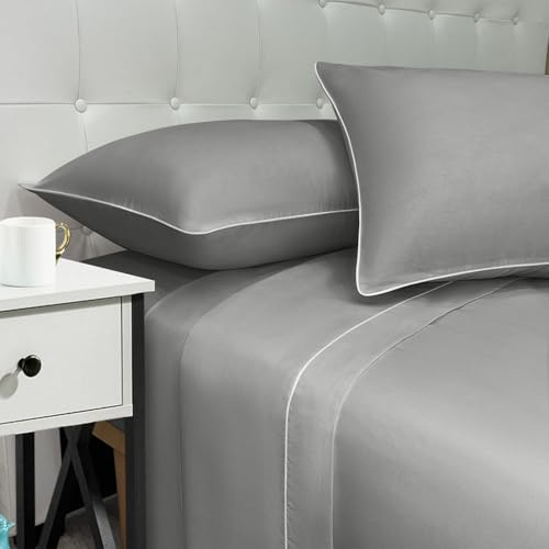 NARCISO - Lenzuola Matrimoniali 100% Cotone Made in Italy, Completo Letto Matrimoniale con Profilo Decorativo Look Moderno, Fantasia Tinta Unita in Varie Colorazioni di Design (Grigio Chiaro)