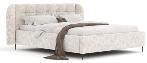 maison de reve Luxus Polsterbett 120x200cm mit Stauraum, Lattenrost – Für ruhigen Schlaf & aufgeräumtes Schlafzimmer – Bettgestell mit gestepptem Kopfteil 102cm – Chenille Stoff Creme – Modell: Nuno