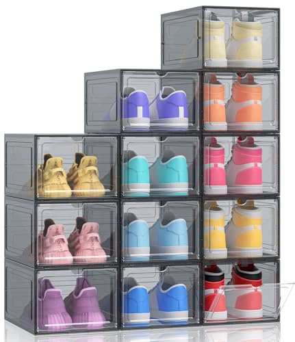 Kitsure Thicker & Sturdier Shoe Storage Boxes – 12 Pack Black Clear Plastic Foldable Organiser with Magnetic Door, Reinforced Heavy-Duty Design for Trainers, Toiletries & Accessories, 33.5x24x18.5cm