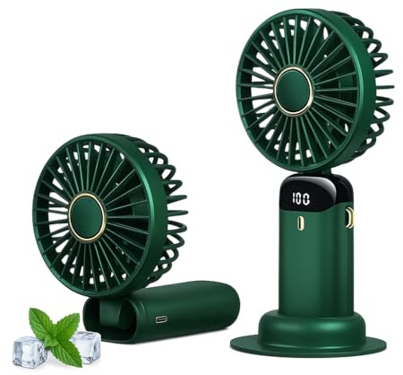 Générique Ventilateur USB Vert Rechargeable Portable, LUMEYA Mini Ventilateur de Bureau à Main, 5 Vitesses avec Base, Affichage LED, Silencieux, Pliable, (Vert)