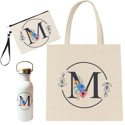 Grupo Darik Pack Personalizado con Letra Inicial – Totebag Lino + Estuche con Asa + Botella de Acero Inox 600ml – Diseño Floral – Regalo Mujer, Cumpleaños, Día de la Madre