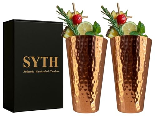 SYTH Trinkglas aus 100 % reinem Kupfer, 530 ml, großes Trinkglas für Cocktails, Eistee, Moscow Mule, Wasser, ayurvedische Detox, handgefertigte gehämmerte Kupferbecher, luxuriöse Geschenkverpackung, 2