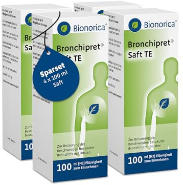 Bronchipret® Saft TE im Sparset 4 x 100ml – 3-fach Effekt gegen Husten, festsitzenden Schleim und Entzündung in den Bronchien, pflanzliche Thymian-Efeu-Kombination, für Kinder ab 1 Jahr, zuckerfrei
