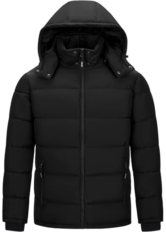 Outdoor Ventures Men's Lightweight Jacket Waterproof Pufferjacket Warm Winterjacket Downjackets Winter Parka with Lined Detachable Hood Stand-up Collar Black L