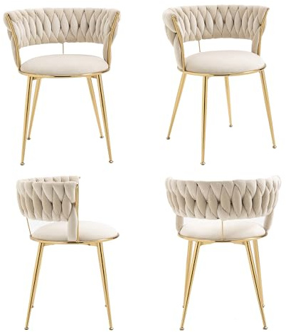 LIFEISLE Esszimmerstuhl 4er Set, Stühle mit Goldenen Metallbeinen, Samt Küchenstühle Schalenstuhl mit handgewebten Armlehne für Esszimmer, Wohnzimmer Beige