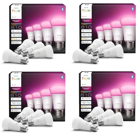 Philips Hue-Bundle – 4x Quad-Packs White & Color Ambiance 810 A60 E27 Smart-Lampen (16 Lampen) | Dimmbare LED, 16 Mio. Farben, App- & Sprachsteuerung, funktioniert mit Alexa, Google Home & Apple