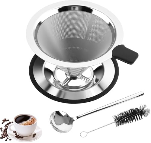 Zosenyer Filtro Cafe Cafetera Goteo, Filtro de Café de Acero Inoxidable Reutilizable, Filtros Cafe Sin Papel para Verter Sobre Café, Filtro de Mano de Café con Cuchara y Cepillo de Limpieza (Negro)