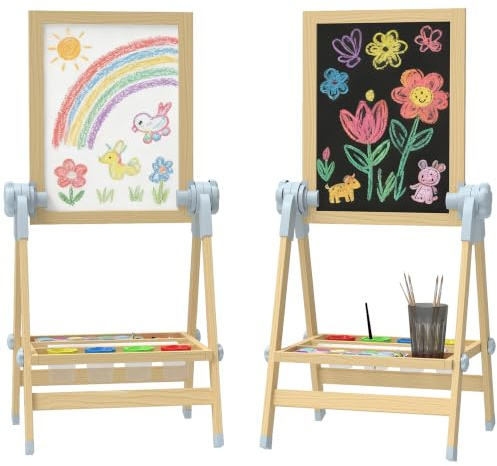 AIYAPLAY Kinder Staffelei aus Holz Kindertafel Doppelseitige 3-6 Jahre | Whiteboard und Tafel, Höhenverstellbar, Magnetische Standtafel, mit Papierrolle, Ablage, für Jungen & Mädchen
