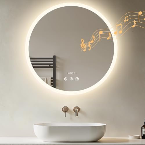 Heilmetz LED Badspiegel Rund 60cm mit Bluetooth Lautsprecher & Acrylrahmen, Badezimmerspiegel mit Beleuchtung & Uhr, Wandspiegel Antibeschlag, 4300K Naturweiß, IP44 Energiesparend für Badezimmer