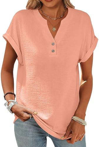 Yutdeng Camicia Donna Estiva Manica Corta Camicetta in Lino Cotone Leggero Elegante Blusa Top Scollo a V Maglietta con Bottoni Moda Casual Tinta Unita T-Shirt Comodo Vacanza Maglietta,Rosa Corallo,S