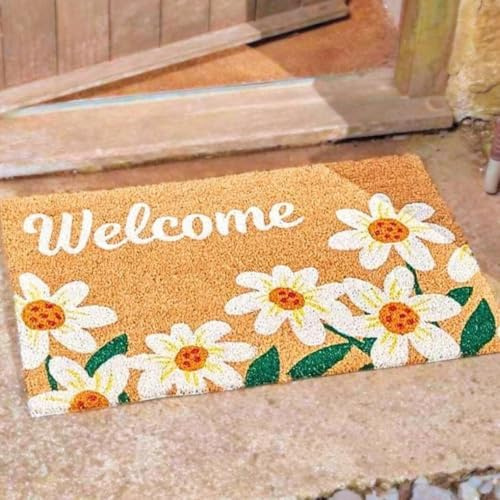 Garden Mile Large Welcome Coir Door Mat, Heavy Duty Non Slip Dirt Trapper Entrance Rug, Absorbent Outdoor & Indoor Door Mat, Weatherproof Coco Coir Floral Welcome Design Doormat for Front Porch