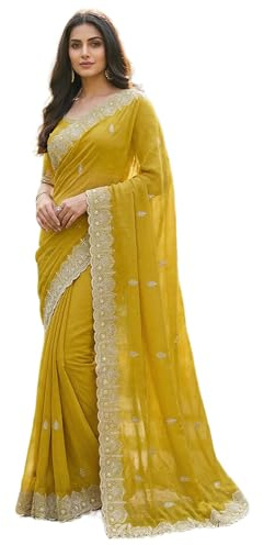 Pujia Mills Sari broderi silver med sömlöst broderi för kvinnor, tung blus Sadi, gul, storlek Nica
