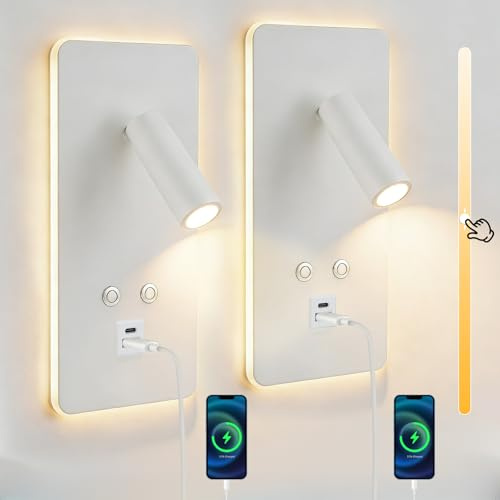 Eirolace 2PCS LED Wandleuchte Innen, Dimmbar Nachttisch Leselampe, Innen Wandlampe, 12W Leselampe Bett mit Schalter und USB, Type C Ladeanschluss, Wandmontage Bettlampe für Schlafzimmer Wohnzimmer